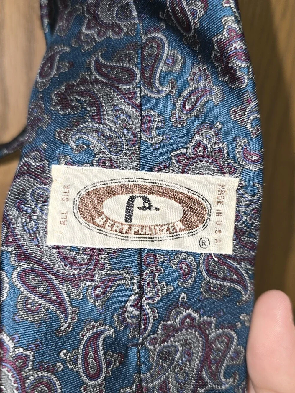Bert Pulitzer Vintage Silk Paisley Tie Teal Blue Burgundy Made in USA Classic